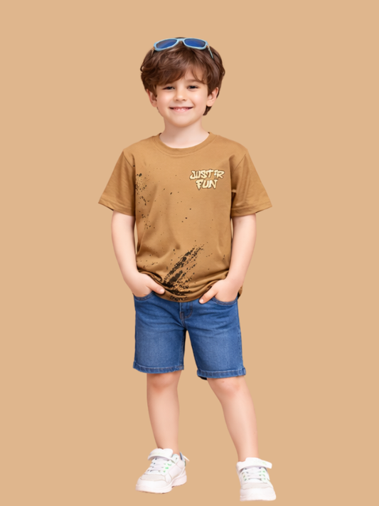 Albion Boys Beige Graphic Printed T-Shirt | Just For Fun Casual Cotton Tee for Kids