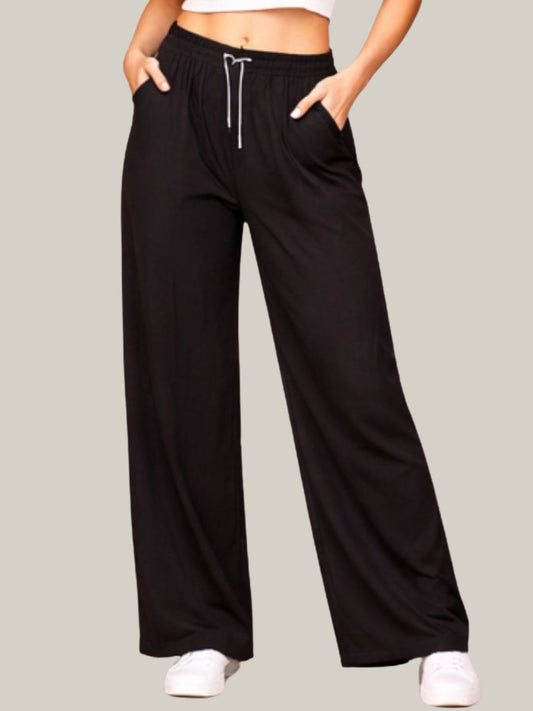 Albion Black Wide Leg Lower with Drawstring Waist | Soft Loose Fit Casual Trousers for Women