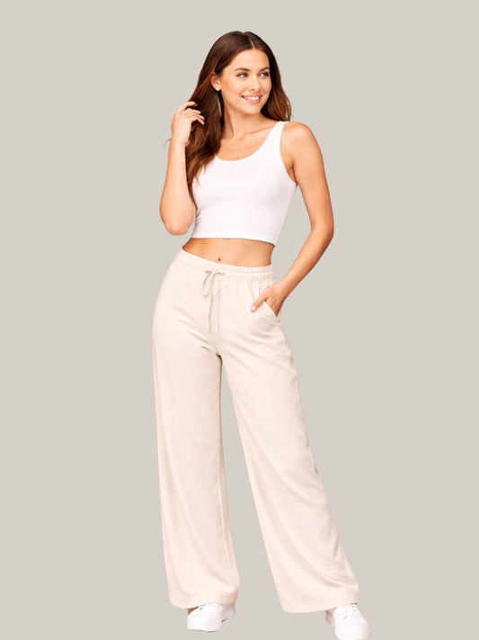 Albion Beige Wide Leg Pants with Drawstring Waist | Soft Comfortable Loose Fit Trousers for Women