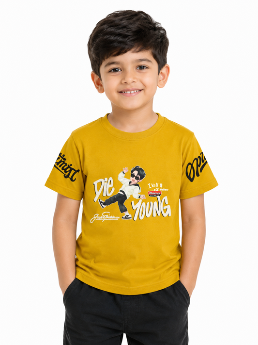 Albion Premium Cotton Kids Yellow Graphic Print T-Shirt