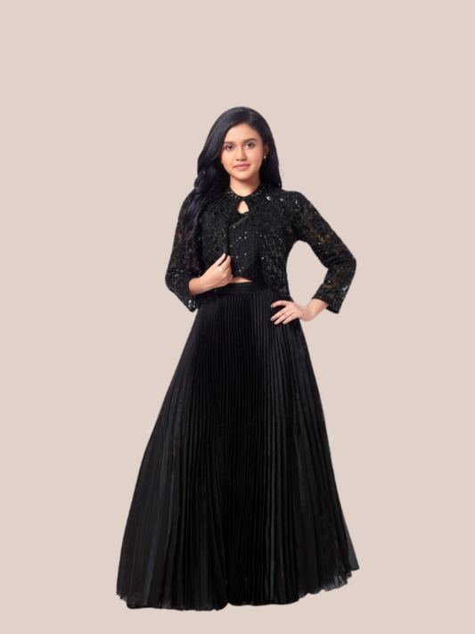 Albion Girls Black Party Wear Lehenga Choli with Designer Jacket Ethnic Set