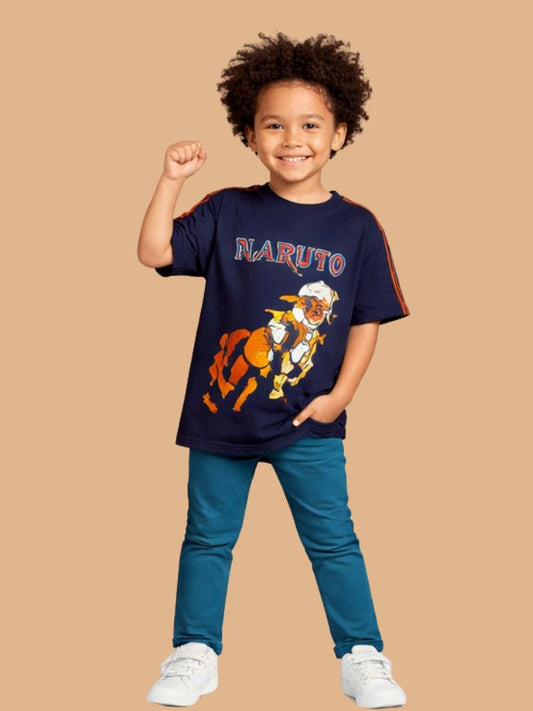 Albion Naruto Printed Kids T-Shirt | Trendy Navy Blue Anime Graphic Tee for Boys | Soft Cotton Casual Wear