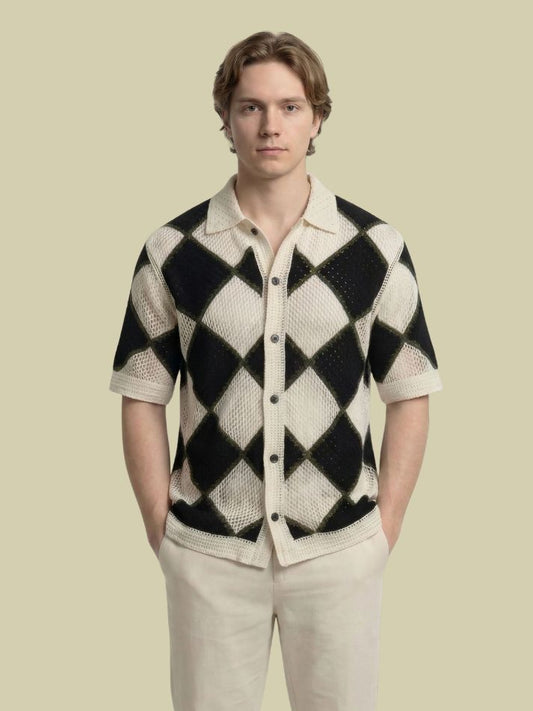 Albion Black & Beige Diamond Knit Shirt – Premium Summer Button-Down