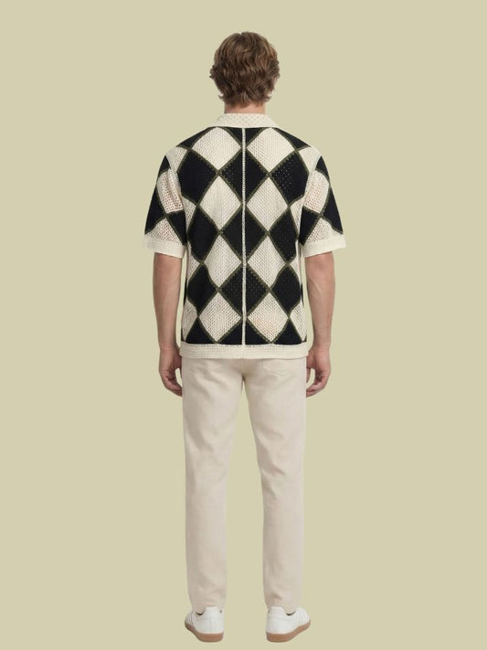 Albion Black & Beige Diamond Knit Shirt – Premium Summer Button-Down