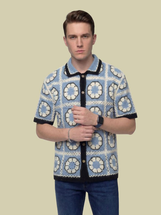 Albion Blue Floral Knit Shirt – Premium Crochet Style Summer Shirt for Men