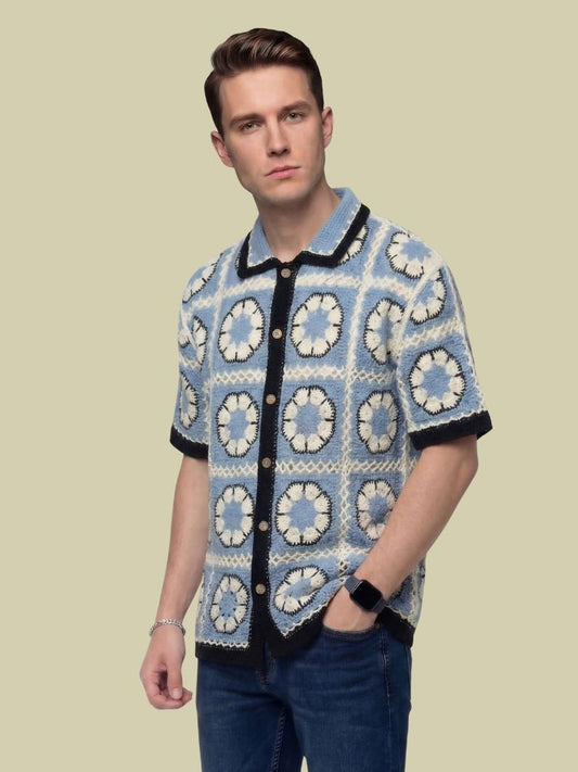 Albion Blue Floral Knit Shirt – Premium Crochet Style Summer Shirt for Men