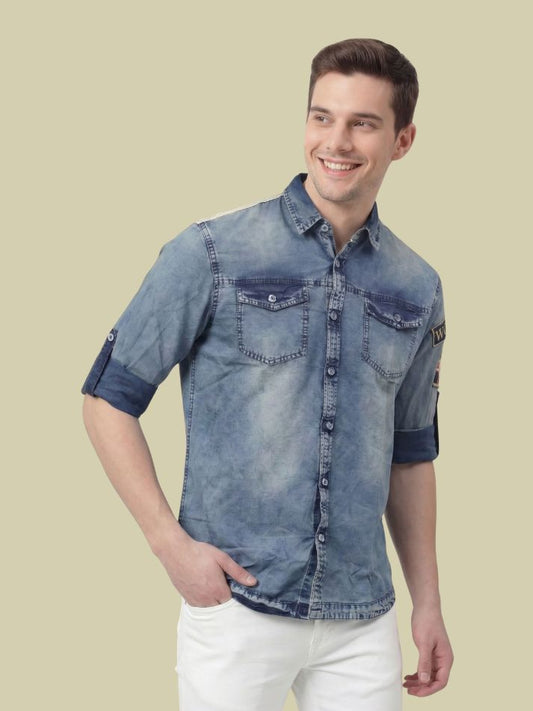 Albion Blue Washed Denim Shirt – Premium Casual Slim Fit Shirt for Men