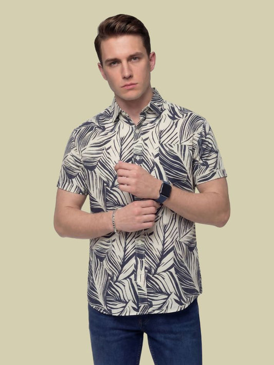 Albion Beige Tropical Leaf Print Shirt – Premium Summer Casual Shirt for Men