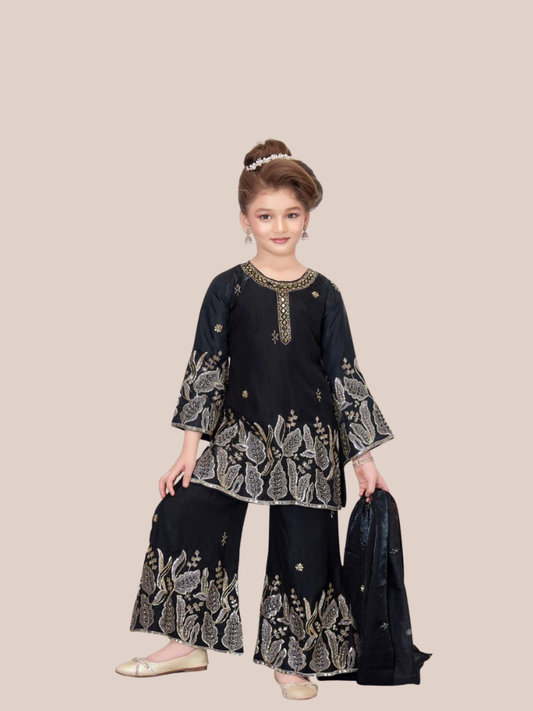Girls Black Kurta Palazzo Suit Embroidered Party Wear