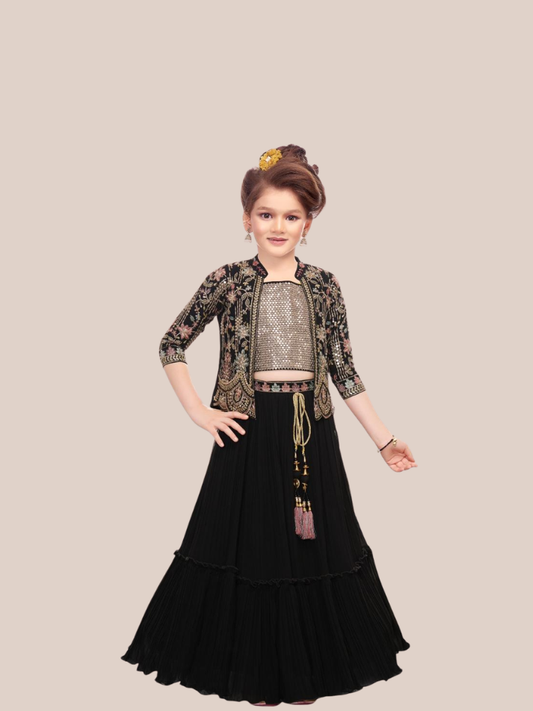 Girls Black Lehenga Set with Embroidered Jacket Party Wear