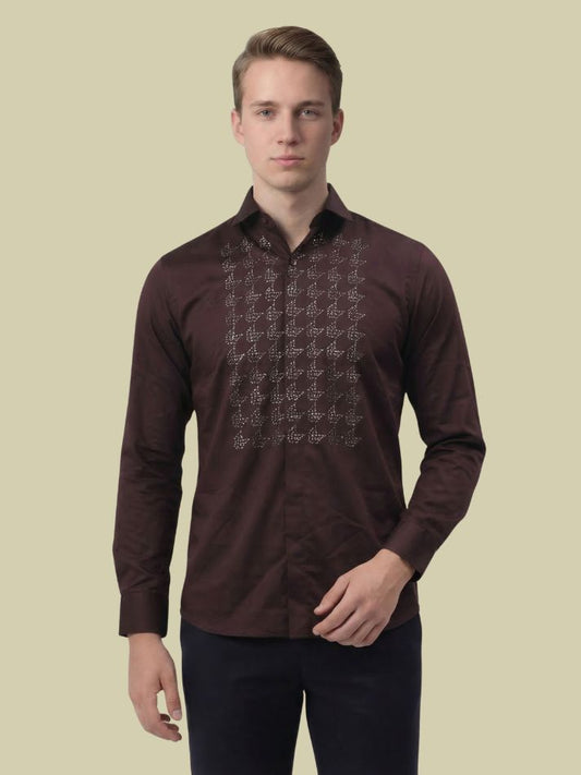 Albion Maroon Embroidered Shirt – Premium Party Wear Full Sleeve Shirt for Men