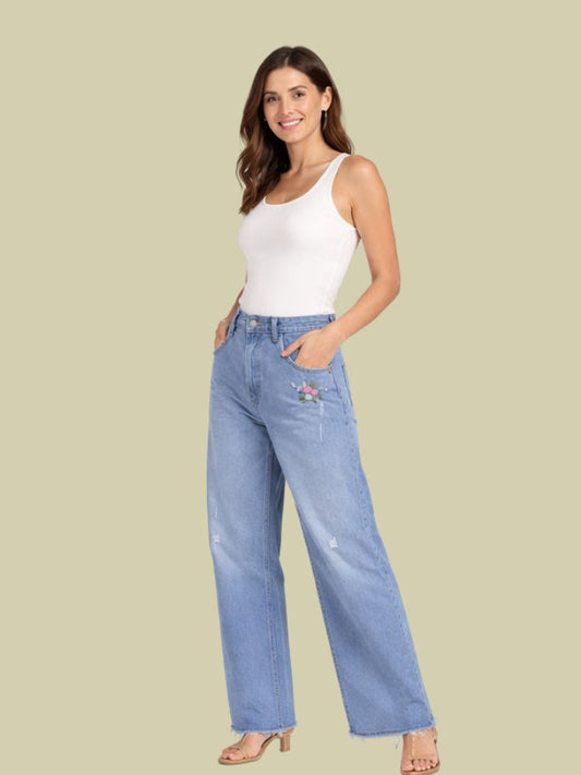 Albion Light Blue Floral Embroidered Wide Leg Jeans for Women | Trendy Distressed Denim High Waist Pants