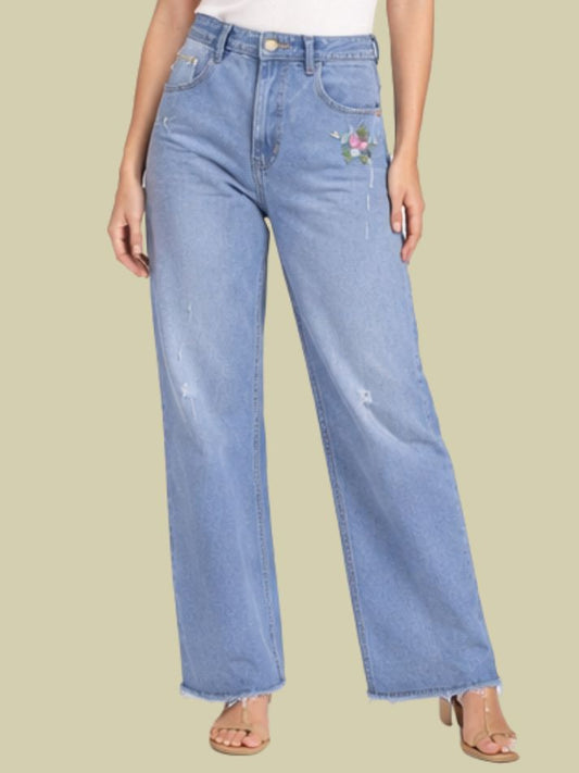 Albion Light Blue Floral Embroidered Wide Leg Jeans for Women | Trendy Distressed Denim High Waist Pants