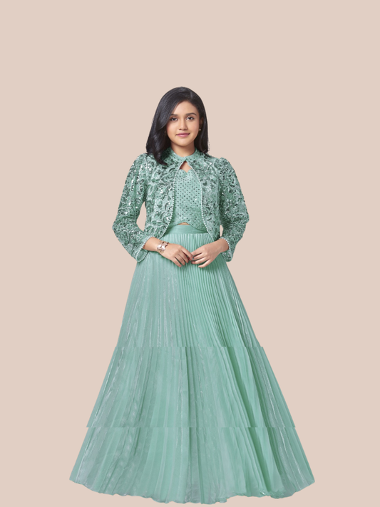 Albion Girls Green Party Wear Lehenga Choli with Designer Jacket Ethnic Set