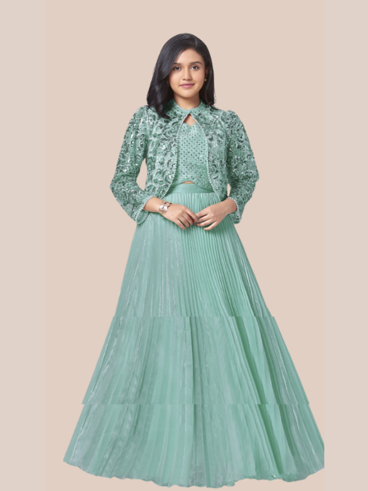 Albion Girls Green Party Wear Lehenga Choli with Designer Jacket Ethnic Set
