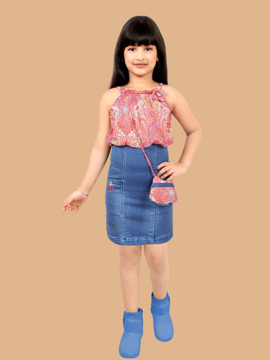 Albion Girls Pink Printed Sleeveless Top & Denim Skirt Set – Kids Stylish Summer Outfit