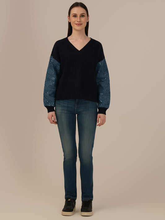 ALBION Stylish Women Woolen Top Warm Fabric with Modern Design-BLACK