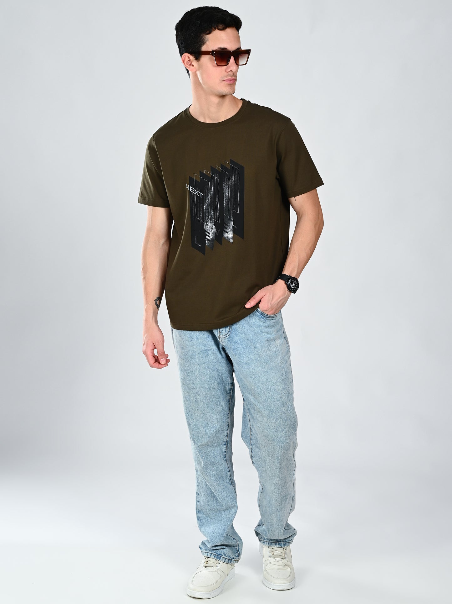 Albion Casual Cotton Round Olive Neck T-Shirt for Men