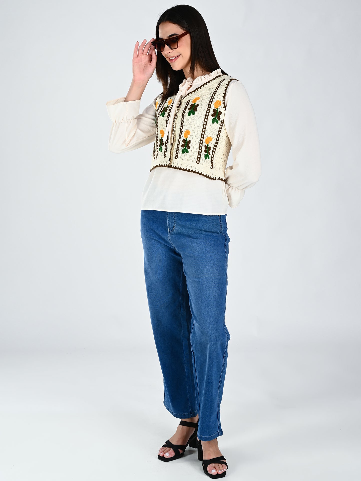 Albion Women Floral Embroidered Tie Neck Top