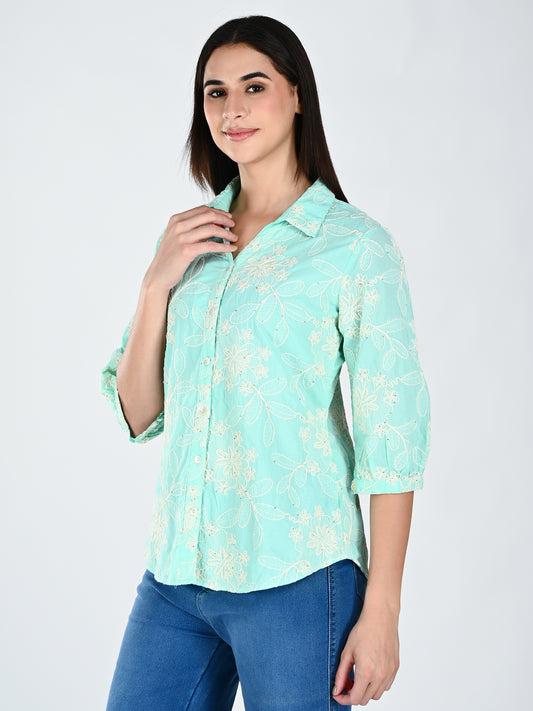 Albion Women Elegant Green Thread Work Top,