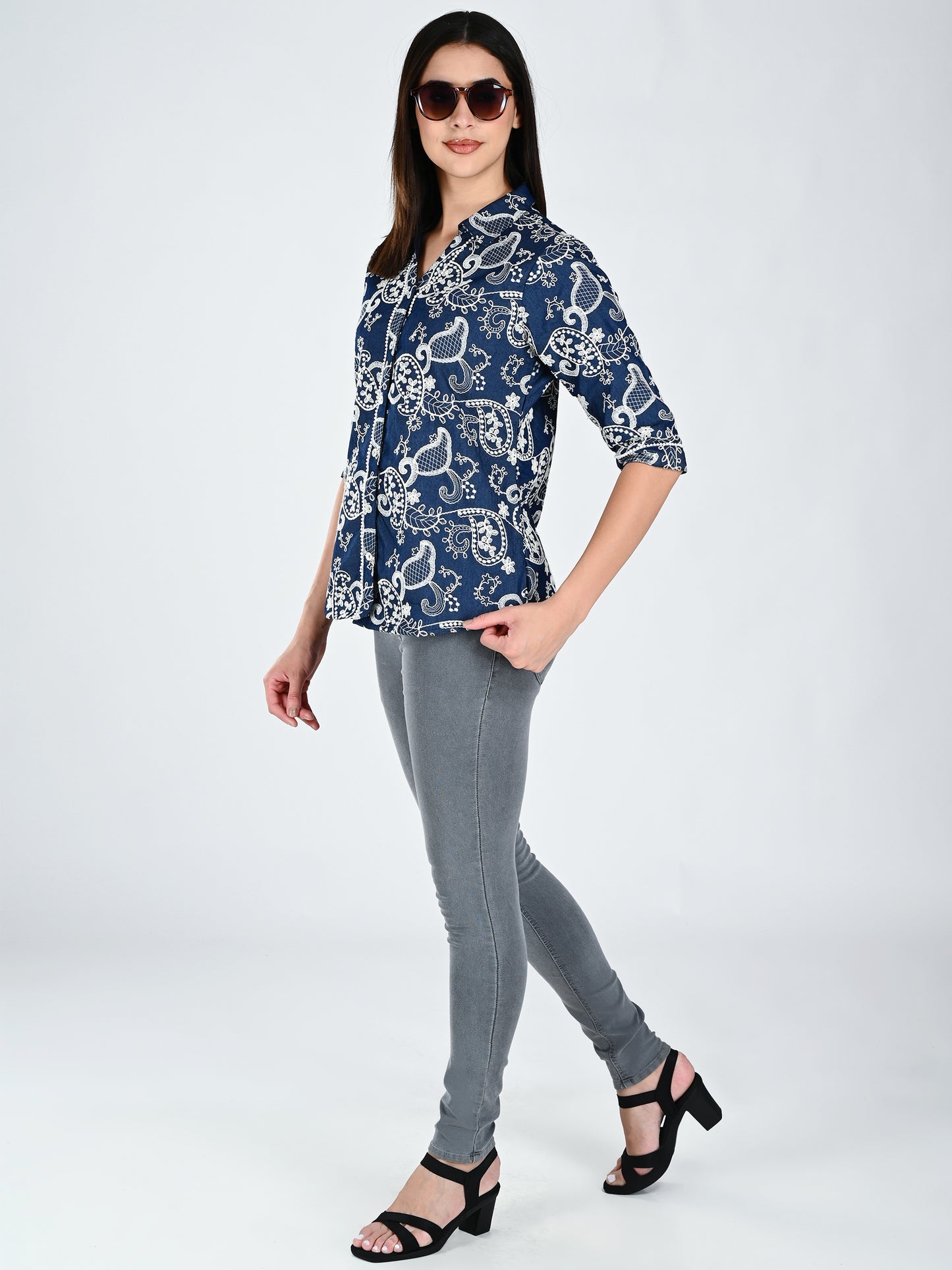 Albion Women Dark Blue Bloom Embroidered Shirt