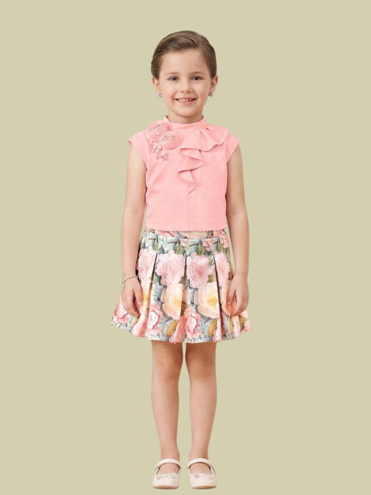 Albion Tiny Baby Girls Floral Skirt & Ruffle Neck Pink Top Co-Ord Set