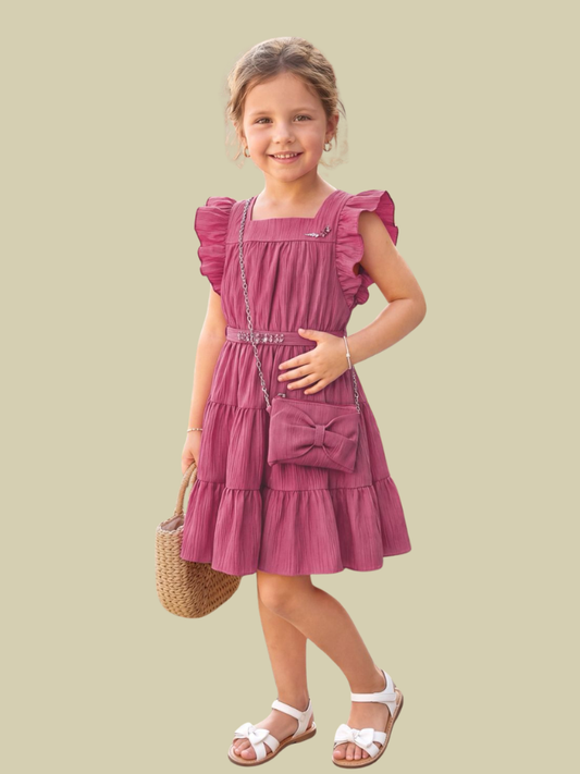 Albion Tiny Baby Girls Ruffle Sleeve Pink Party Dress with Mini Sling Bag