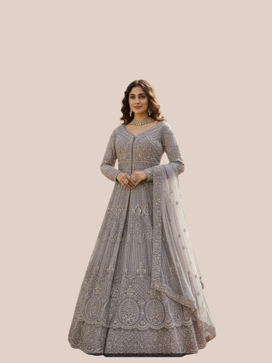 Albion Women’s Grey Luxury Embroidered Bridal Lehenga Set with Dupatta