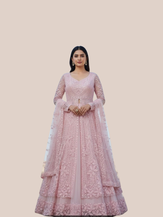 Albion Women’s Baby Pink Luxury Embroidered Party & Wedding Wear Lehenga Set