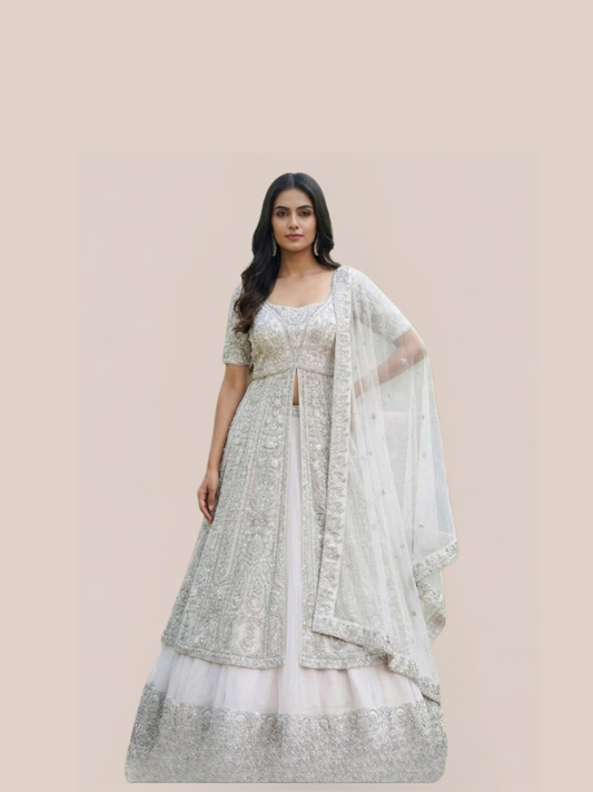 Albion Women’s Mint Ivory Luxury Embroidered Party & Wedding Wear Lehenga Set