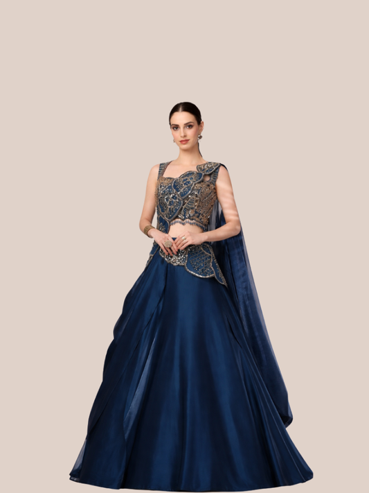 Albion Women’s Navy Blue Designer Party & Wedding Wear Lehenga Set with Cape Dupatta