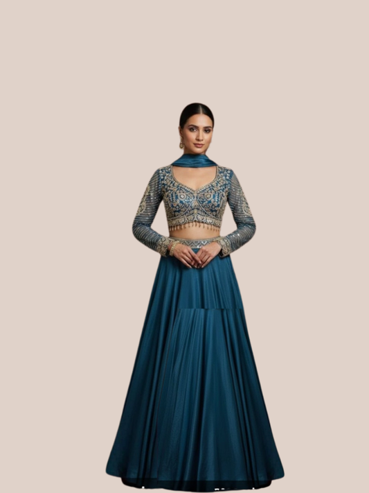 Albion Women’s Teal Blue Designer Party & Wedding Wear Lehenga Set with Choker Dupatta