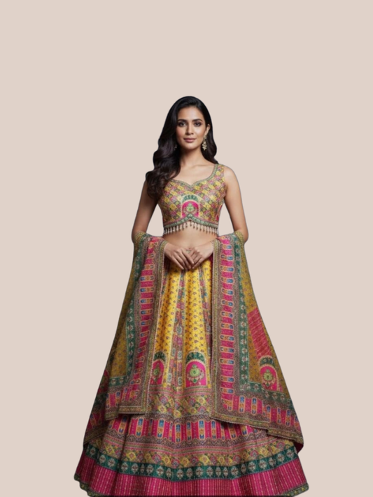 Albion Women’s Yellow Pink Multicolor Printed Designer Party & Festive Wear Lehenga Set with Dupatta