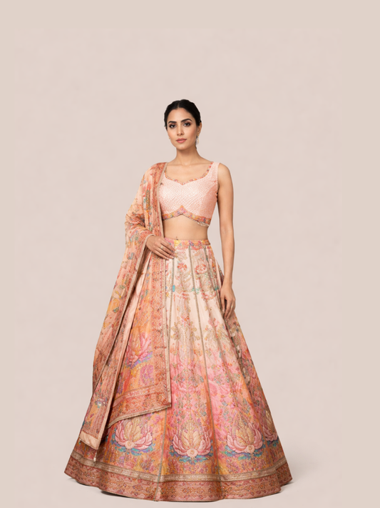 Albion Women’s Peach Multicolor Printed Designer Festive & Mehendi Wear Lehenga Set with Dupatta
