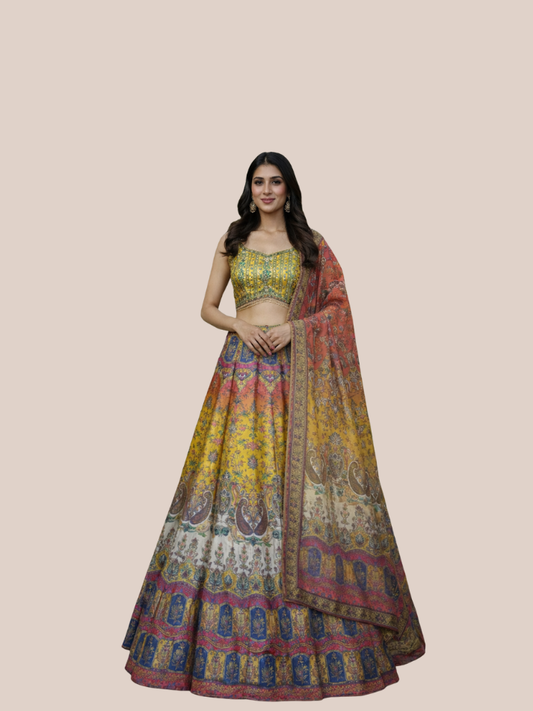 Albion Wner Party & Festive Wear Lehenga Set with Dupattaomen’s Yellow Multicolor Printed Design
