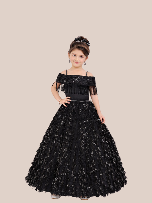 Girls Black Sequin Party Gown Off Shoulder Princess Dress Kids Wedding Birthday Long Frock