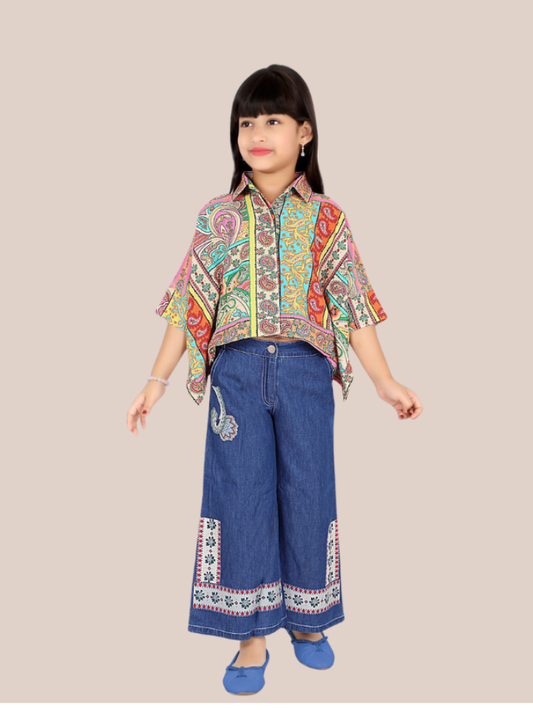 Albion Girls Multicolor Printed Top & Denim Palazzo Set