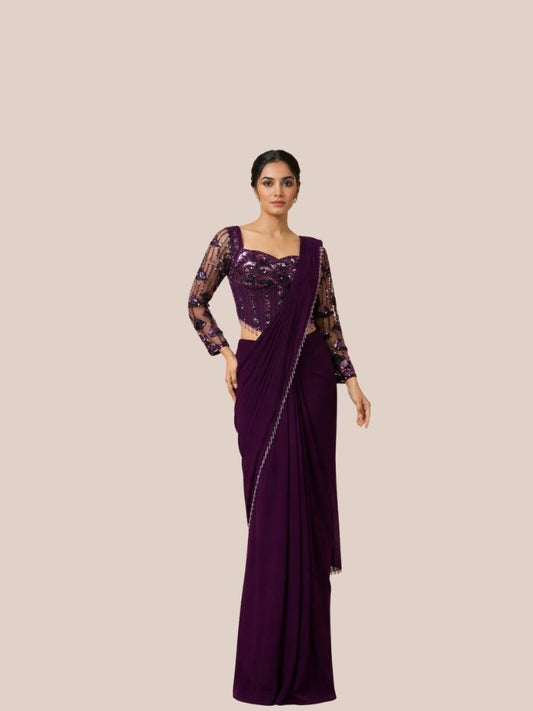 Albion Women’s Wine Purple Sequin Designer Party Wear Saree with Embellished Blouse