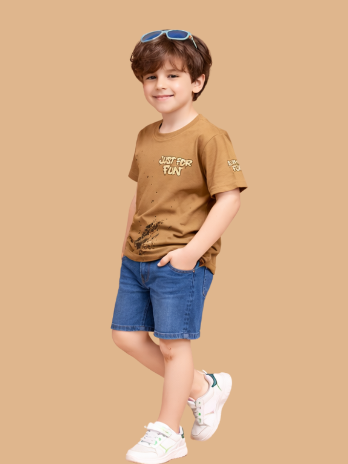 Albion Boys Beige Graphic Printed T-Shirt | Just For Fun Casual Cotton Tee for Kids