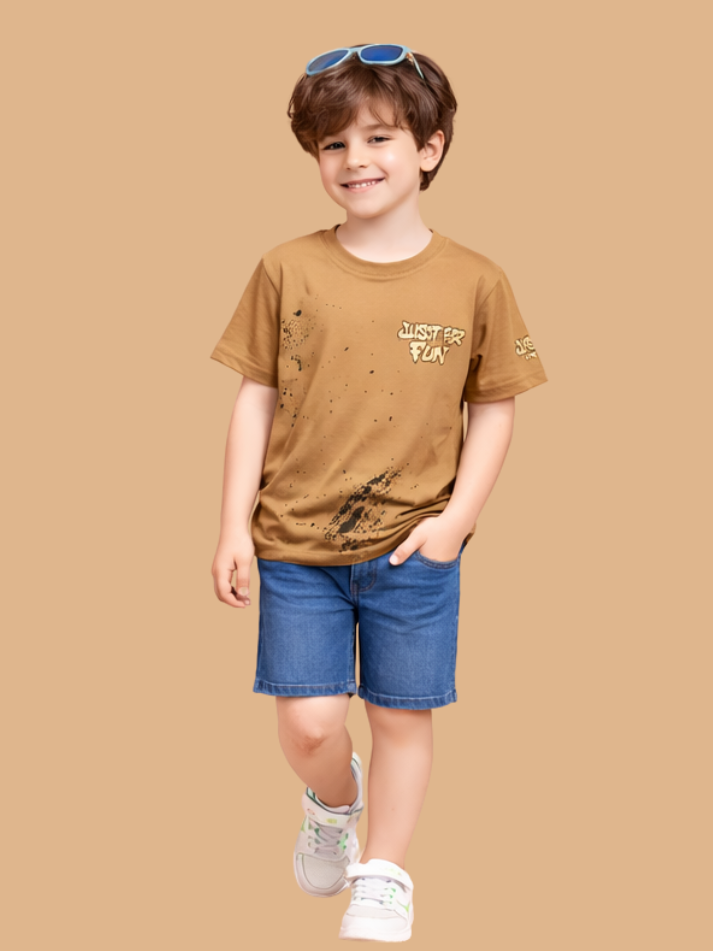 Albion Boys Beige Graphic Printed T-Shirt | Just For Fun Casual Cotton Tee for Kids