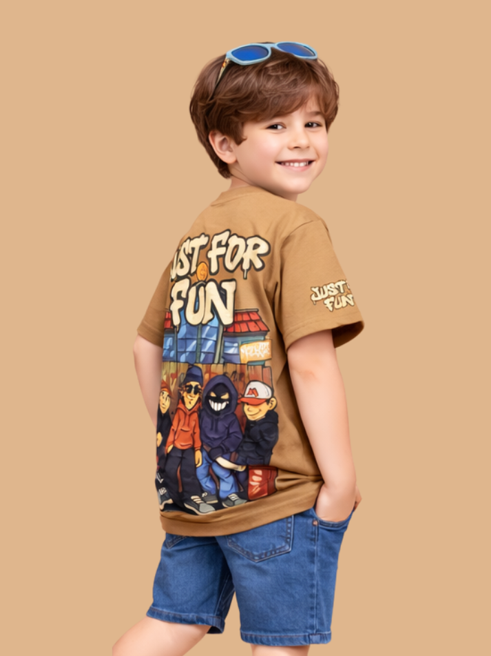Albion Boys Beige Graphic Printed T-Shirt | Just For Fun Casual Cotton Tee for Kids