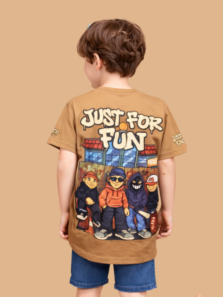 Albion Boys Beige Graphic Printed T-Shirt | Just For Fun Casual Cotton Tee for Kids