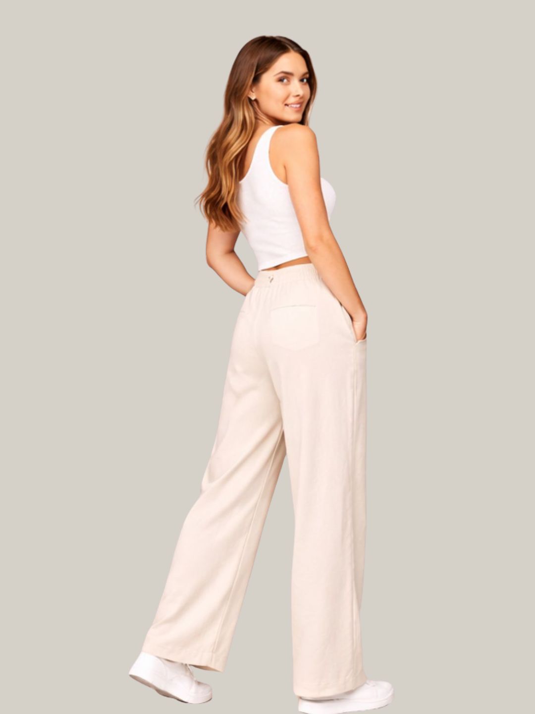 Albion Beige Wide Leg Pants with Drawstring Waist | Soft Comfortable Loose Fit Trousers for Women