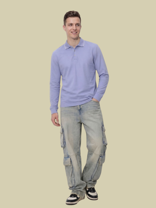 Albion Men’s Premium Solid Lavender Polo T-Shirt – Stylish Casual Long Sleeve Tee