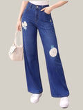 Albion Dark Blue Wide Leg Jeans with Floral Patch Design | High Waist Stylish Denim for Women