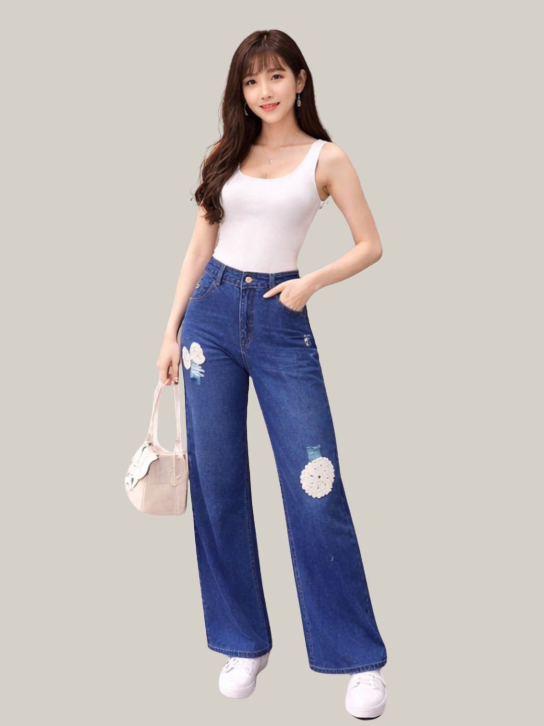 Albion Dark Blue Wide Leg Jeans with Floral Patch Design | High Waist Stylish Denim for Women