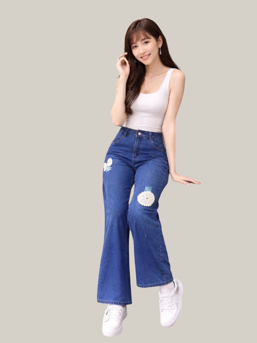 Albion Dark Blue Wide Leg Jeans with Floral Patch Design | High Waist Stylish Denim for Women