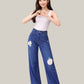 Albion Dark Blue Wide Leg Jeans with Floral Patch Design | High Waist Stylish Denim for Women