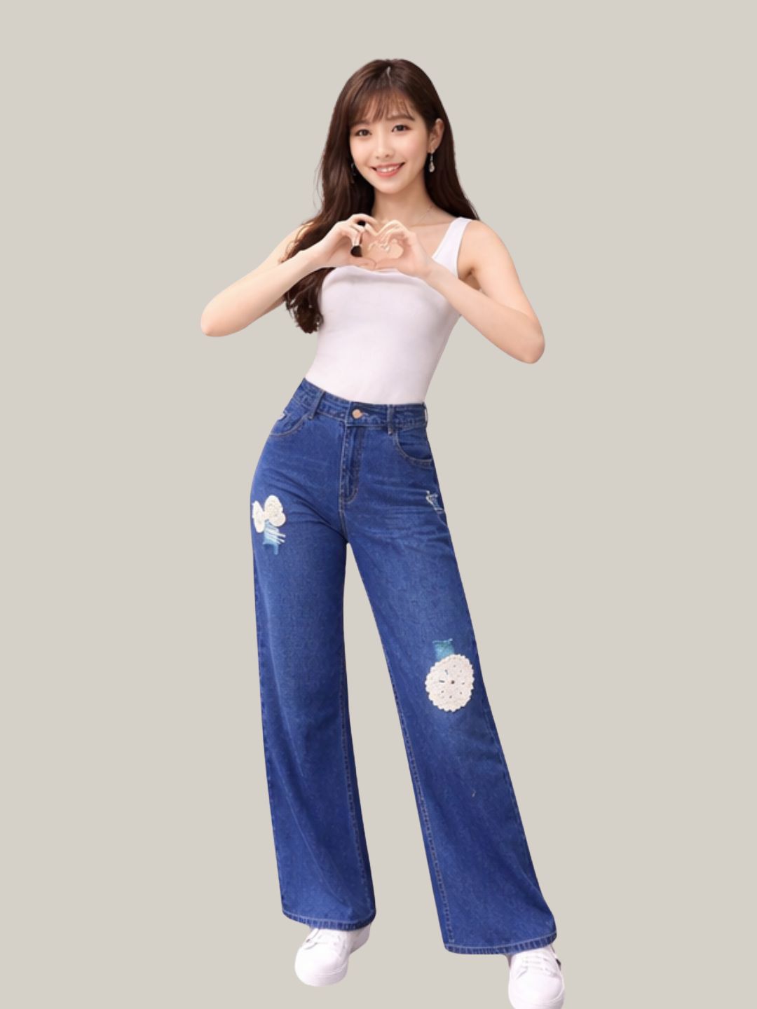 Albion Dark Blue Wide Leg Jeans with Floral Patch Design | High Waist Stylish Denim for Women