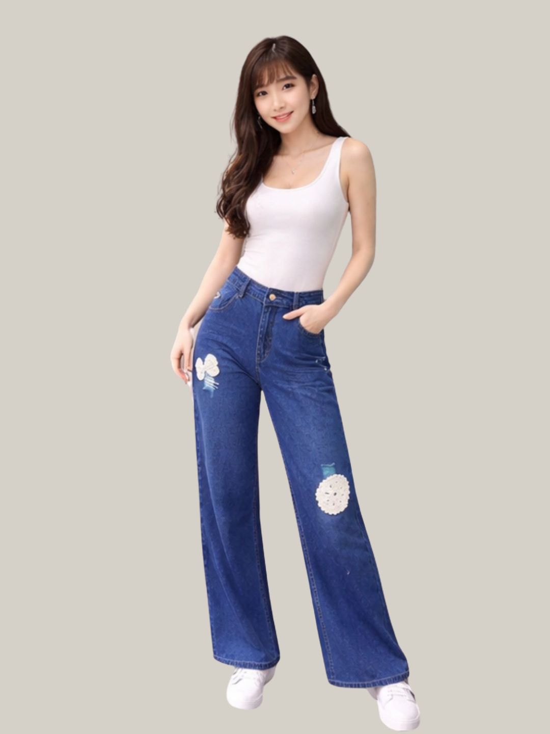 Albion Dark Blue Wide Leg Jeans with Floral Patch Design | High Waist Stylish Denim for Women